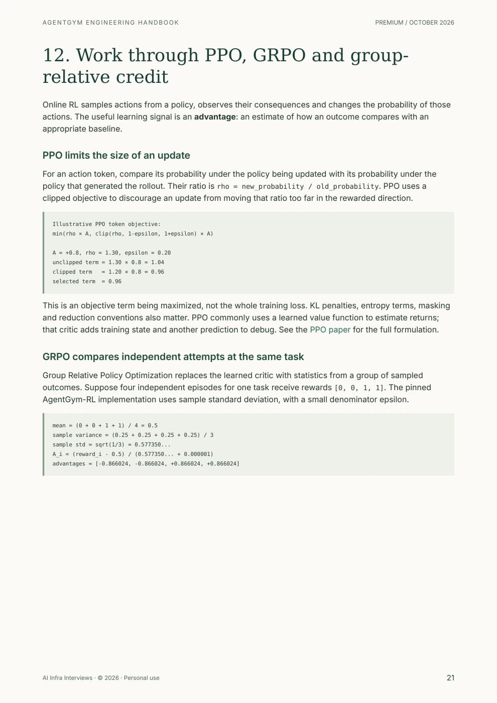 Printed sample page 21: Understand policy updates and group-relative credit